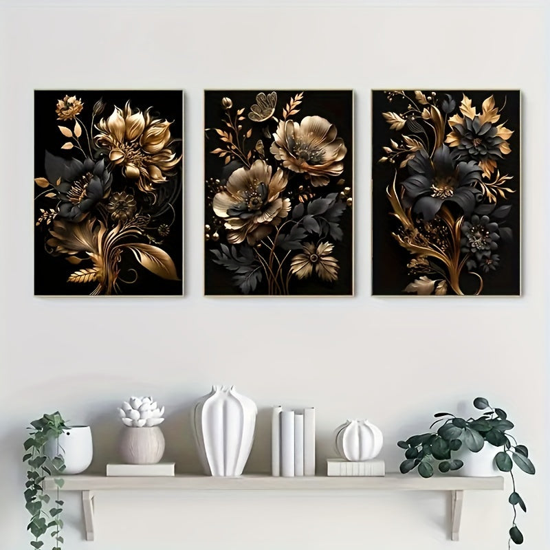 Gouden Bloemen Diamantschilderij Set - 3-delig, Ronde Diamant, Zonder Lijst