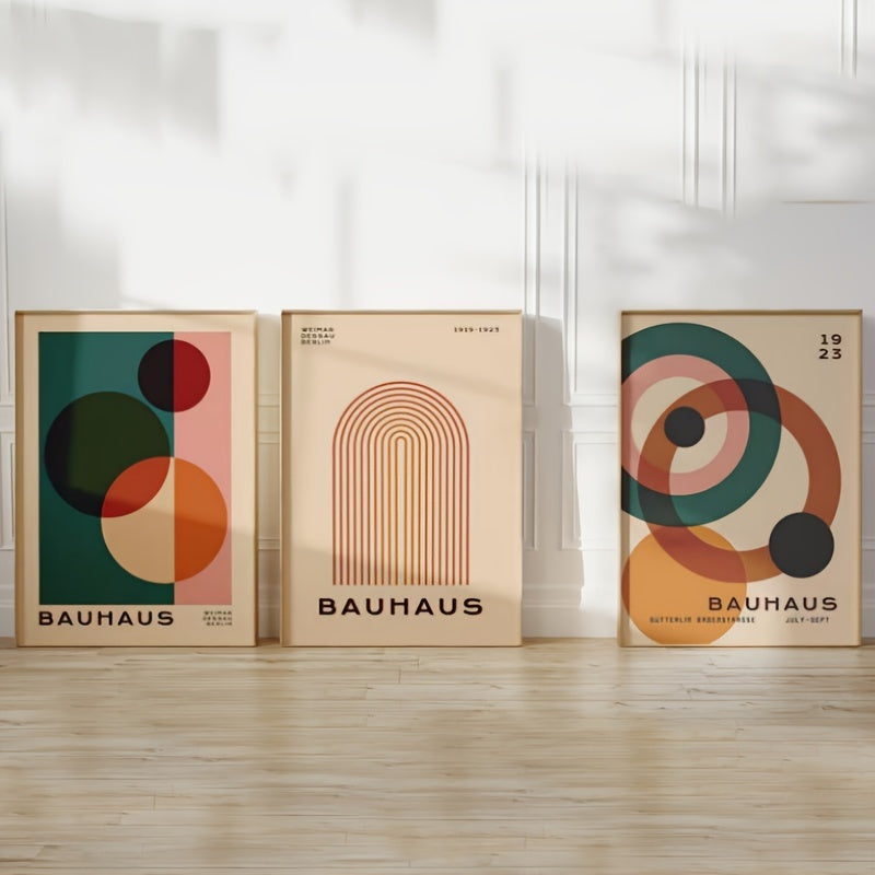 Set van 3 Vintage Mid Century Moderne Canvas Posters - Frameloze Retro Geometrische Muurkunst voor Slaap- en Woonkamer