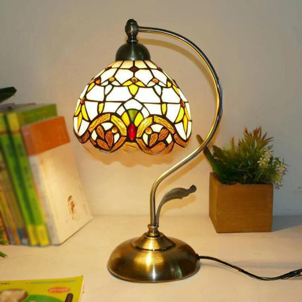 Tiffany Gooseneck Tafellamp - Metalen Nachtkastje Lamp met Handgesneden Glazen Kap