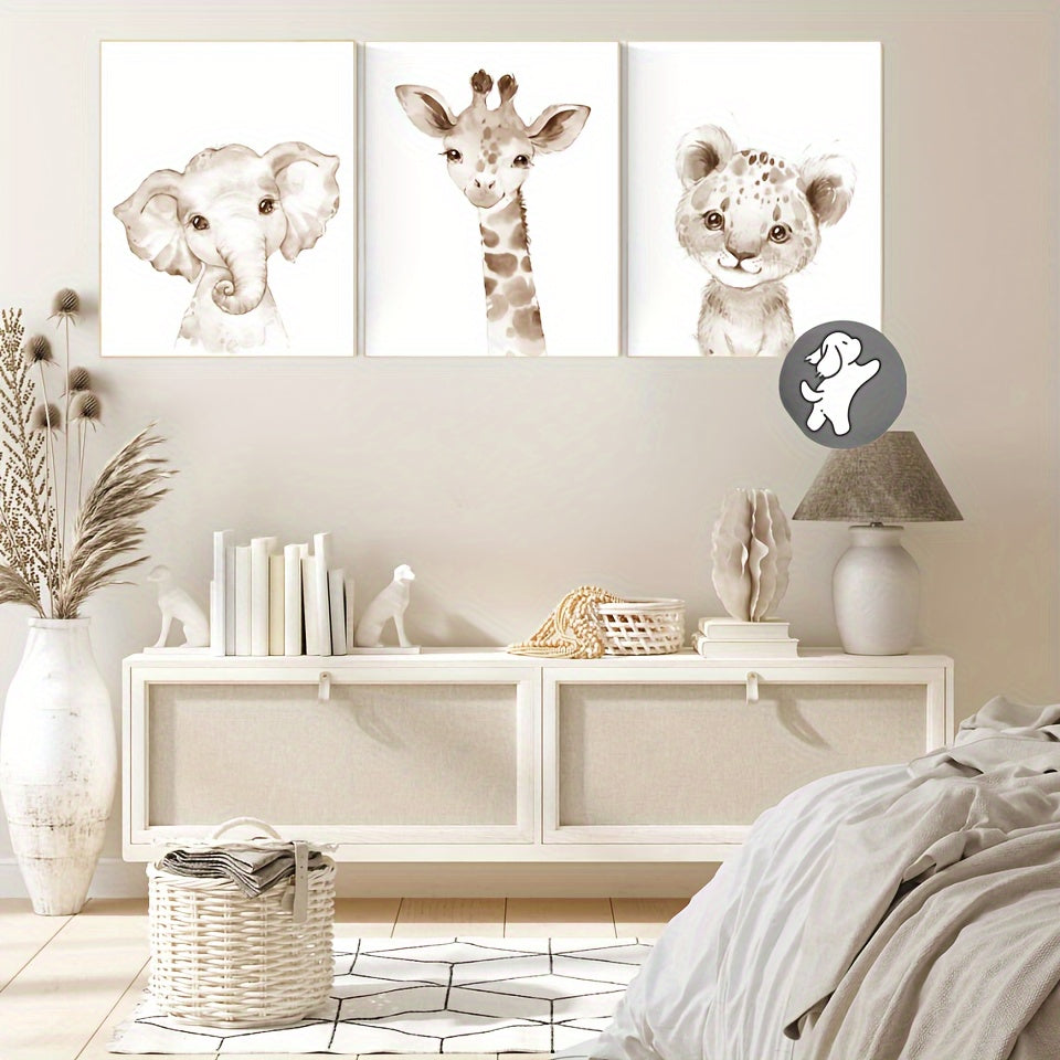 3-delige Canvas Dieren Wanddecoratie - Olifant, Giraf & Luipaard, Genderneutraal Babykamer Decor