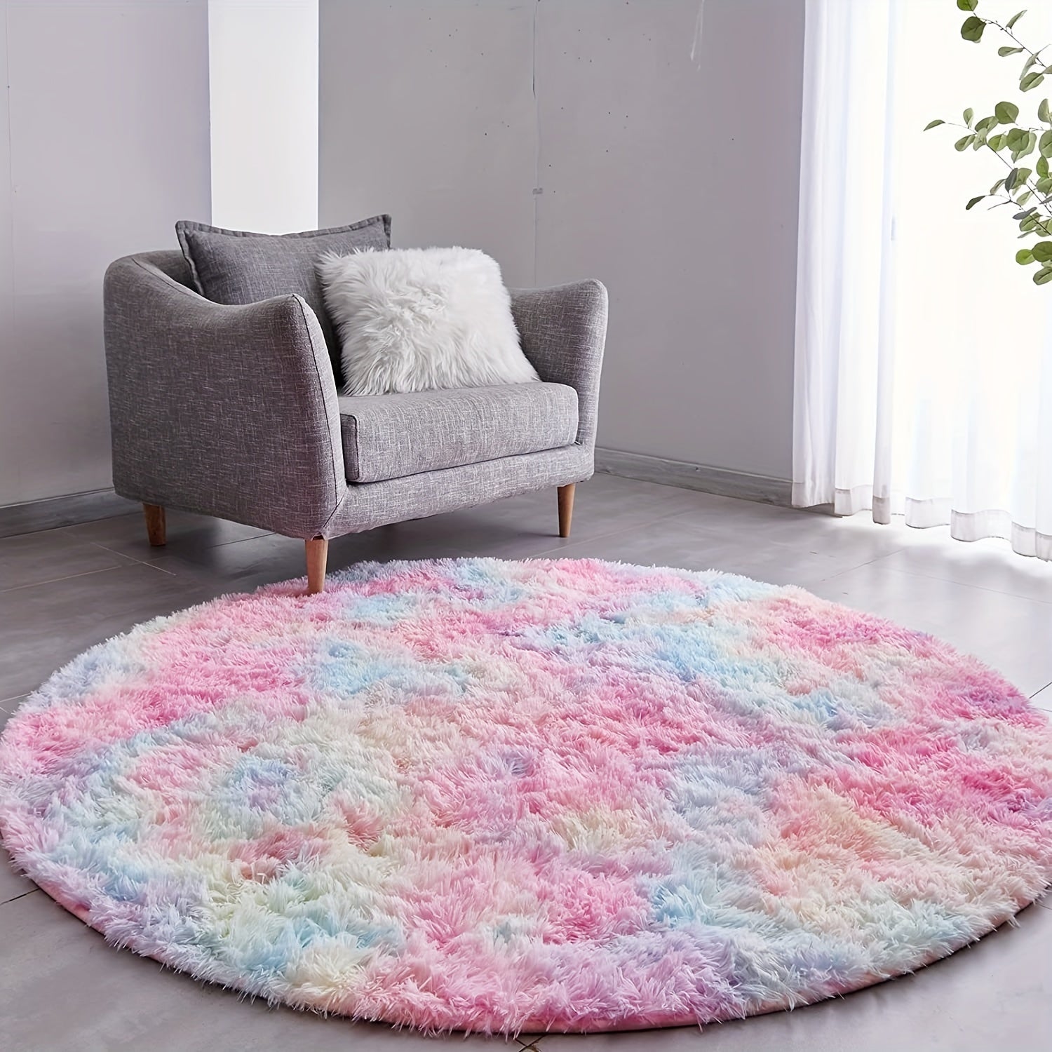 Ronde Regenboog Fluffy Vloerkleed – Tie Dye Kleurrijk, Zacht Speelkleed voor Kinderen, Slaapkamer of Woonkamer Decor