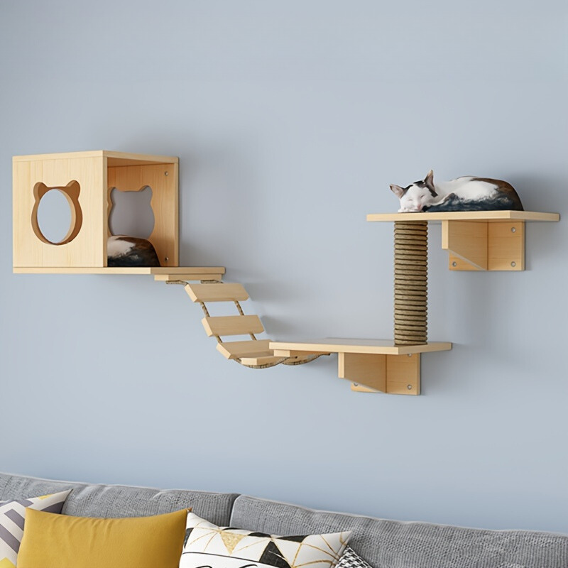 CatPlay - Massief Houten Kattenwandmeubilair voor Binnen, Inclusief Krabpaal en Speelklimboom