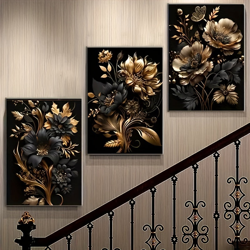 Gouden Bloemen Diamantschilderij Set - 3-delig, Ronde Diamant, Zonder Lijst