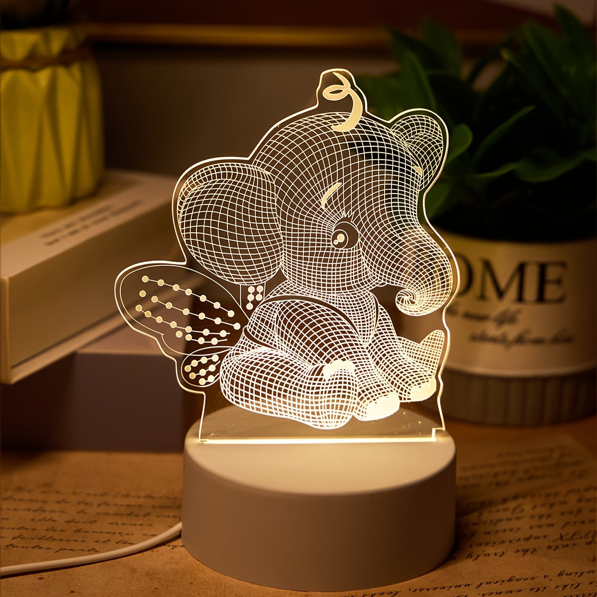 AngelElephant - 3D Illusie LED Nachtlamp, USB Aangedreven Tafellamp