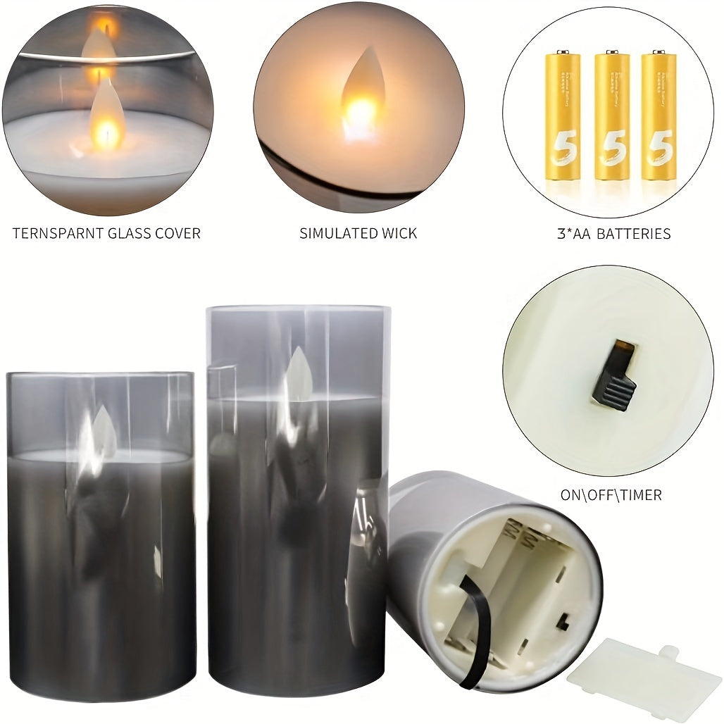 3pcs Led Fireless Candles, Battery Operated Flickering Candles Pillar Real Wax Moving Flame Electric Candles Set Gray Glass Effect With Remote Control Timer, 10.16 Cm, 12.7 Cm, 15.24 Cm, 3 Gray Packaging