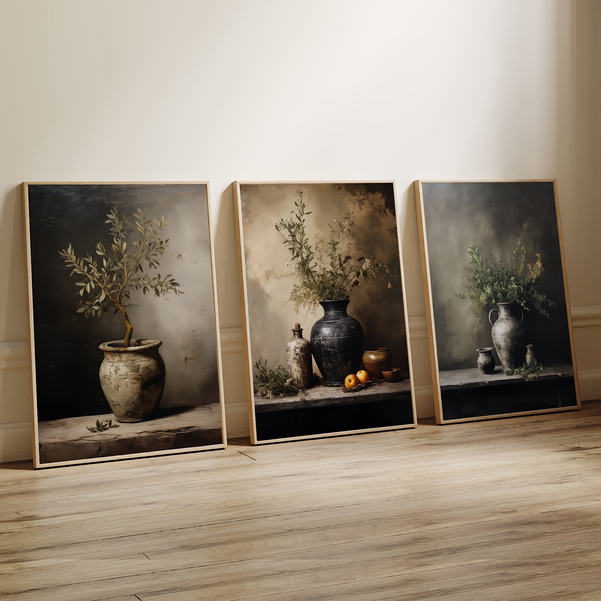 Moody Olive Branches 3-delige Canvas Kunstset - 39.88x59.94 cm Frameloze Vintage Bloemen Wanddecoratie voor Woonkamer