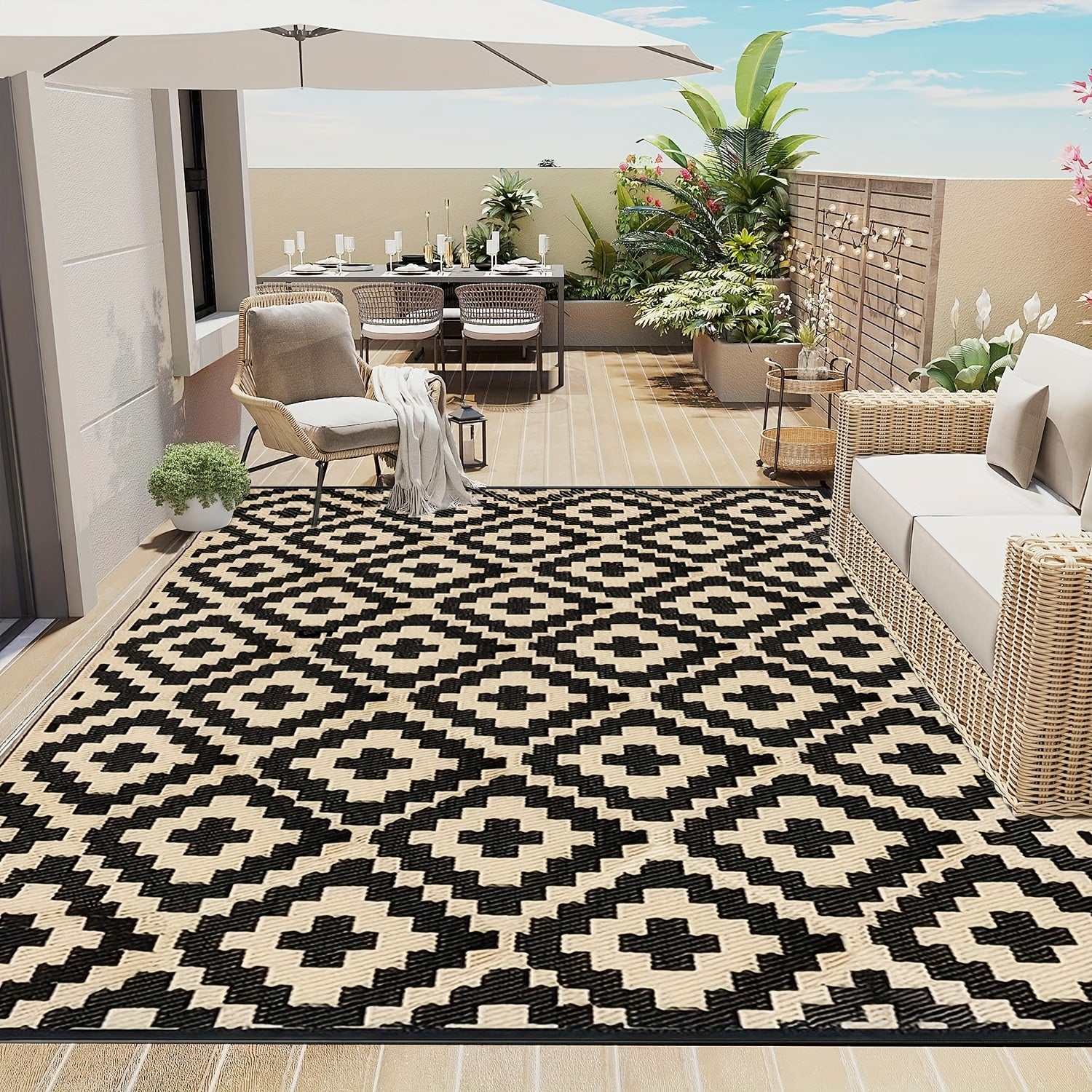 Opvouwbaar Bohemian Stijl Buiten Tapijt – Waterdicht en Omkeerbaar Patio Kleed voor Balkon, Deck, Camping en RV