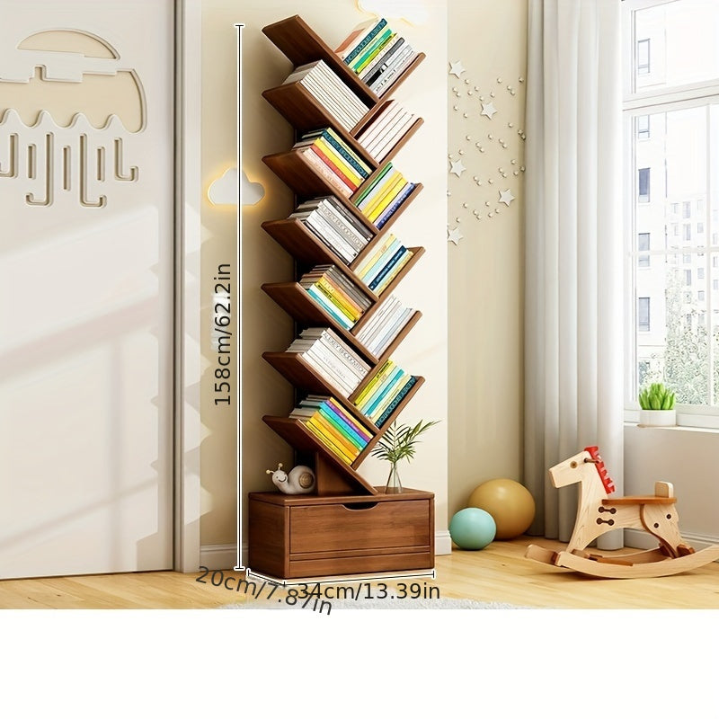 TreeShelf - Verticale Houten Boekenkast met Scheve Planken voor Woonkamer, Vrijstaand Ontwerp