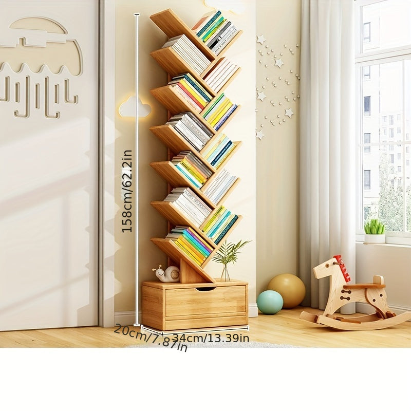 TreeShelf - Verticale Houten Boekenkast met Scheve Planken voor Woonkamer, Vrijstaand Ontwerp