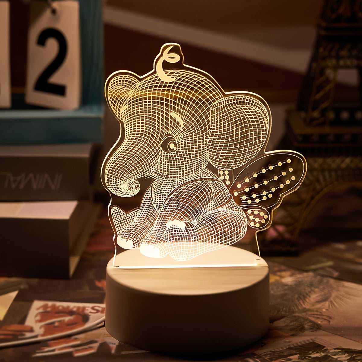 AngelElephant - 3D Illusie LED Nachtlamp, USB Aangedreven Tafellamp