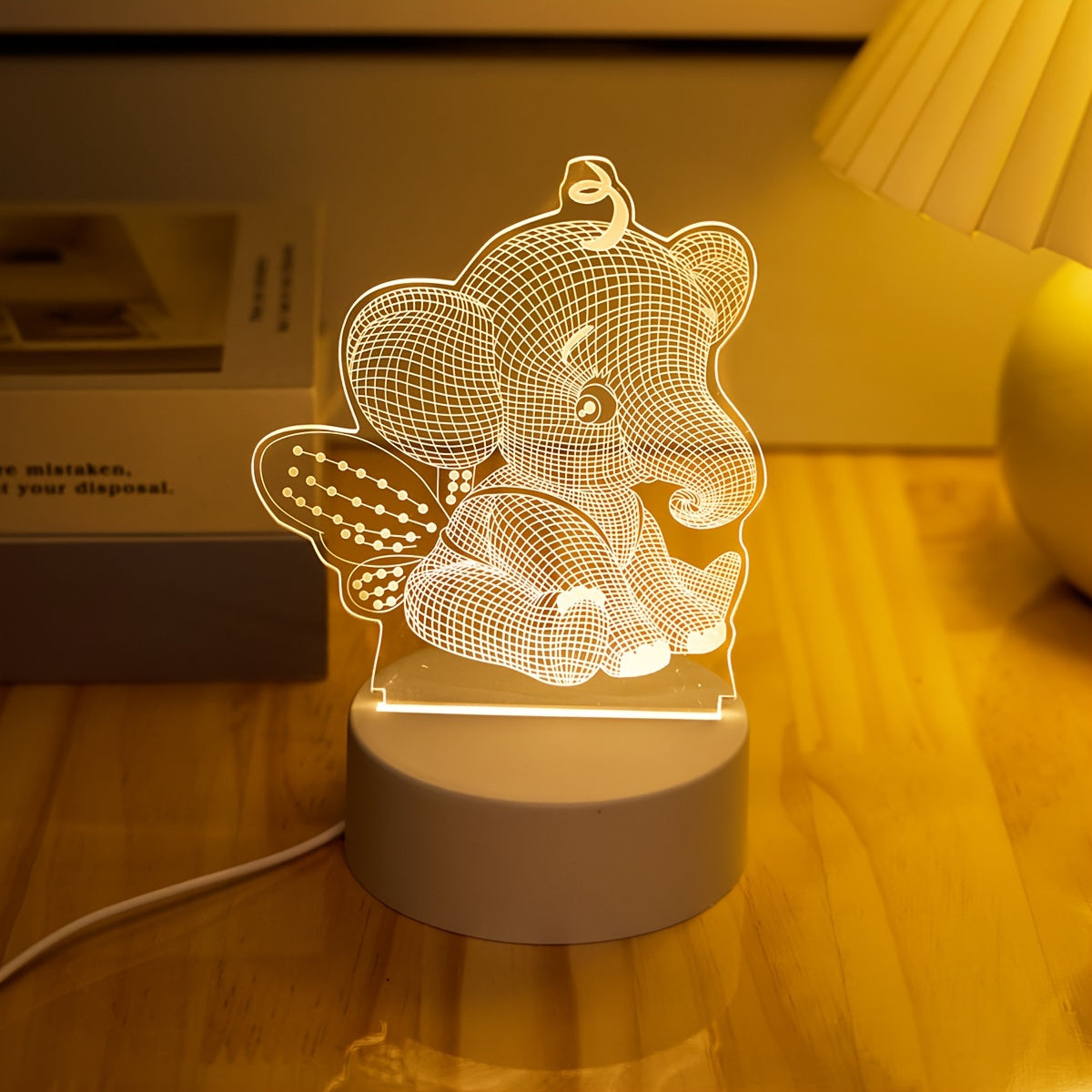 AngelElephant - 3D Illusie LED Nachtlamp, USB Aangedreven Tafellamp