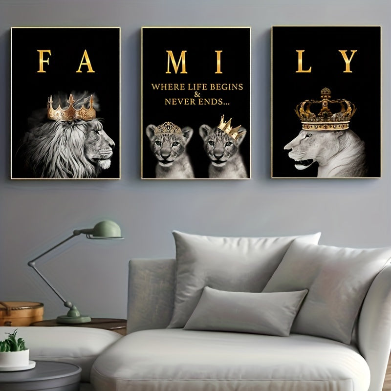 3-delige Moderne Abstracte Leeuwenfamilie Motivatie Canvas Posters, Zonder Lijst