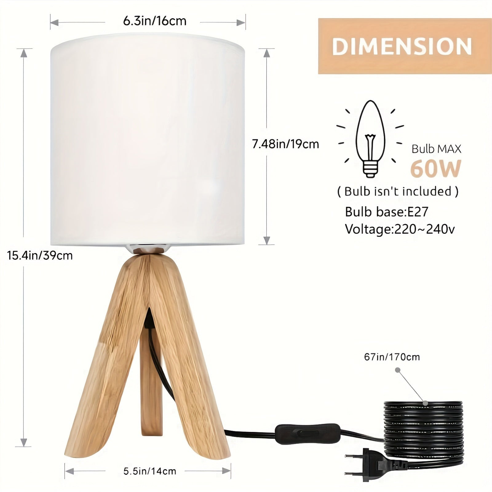 DriepootLicht - Houten Tafellamp met Linnen Kap, 220V-240V, Europees Stopcontact