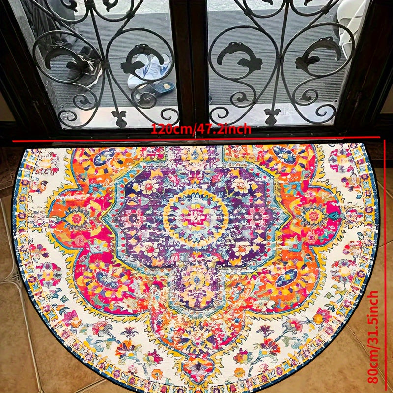 Bohemian Chic Halfronde Vloerkleed - Antislip, Wasbare Polyester Mat in Blauw, Geel, Rood & Paars - Perfect voor Binnen/Buiten Decor, Hal, Slaapkamer en Meer