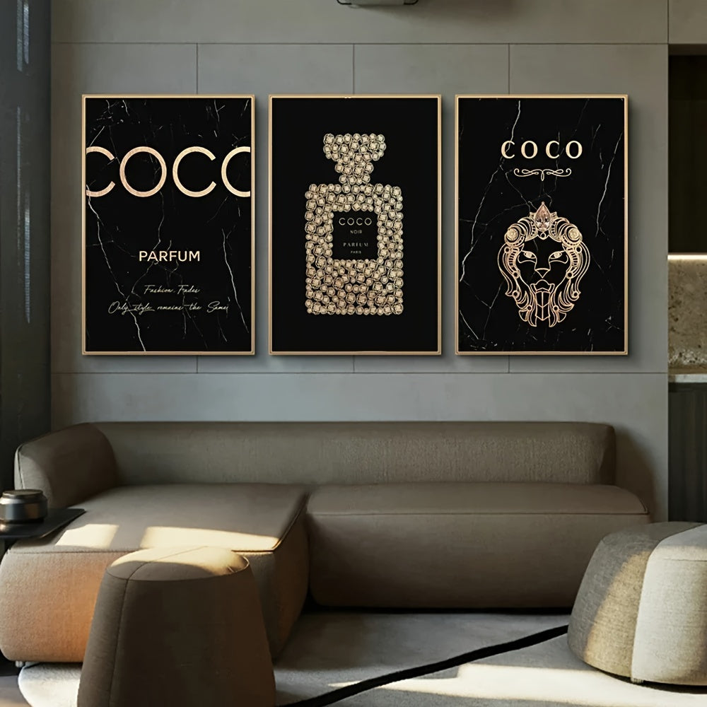 Luxury Perfume Bottle Canvas Art Set - 3-delige Set, Frameloos, Hoogwaardige Schilderijen voor Woonkamer & Slaapkamer Decor