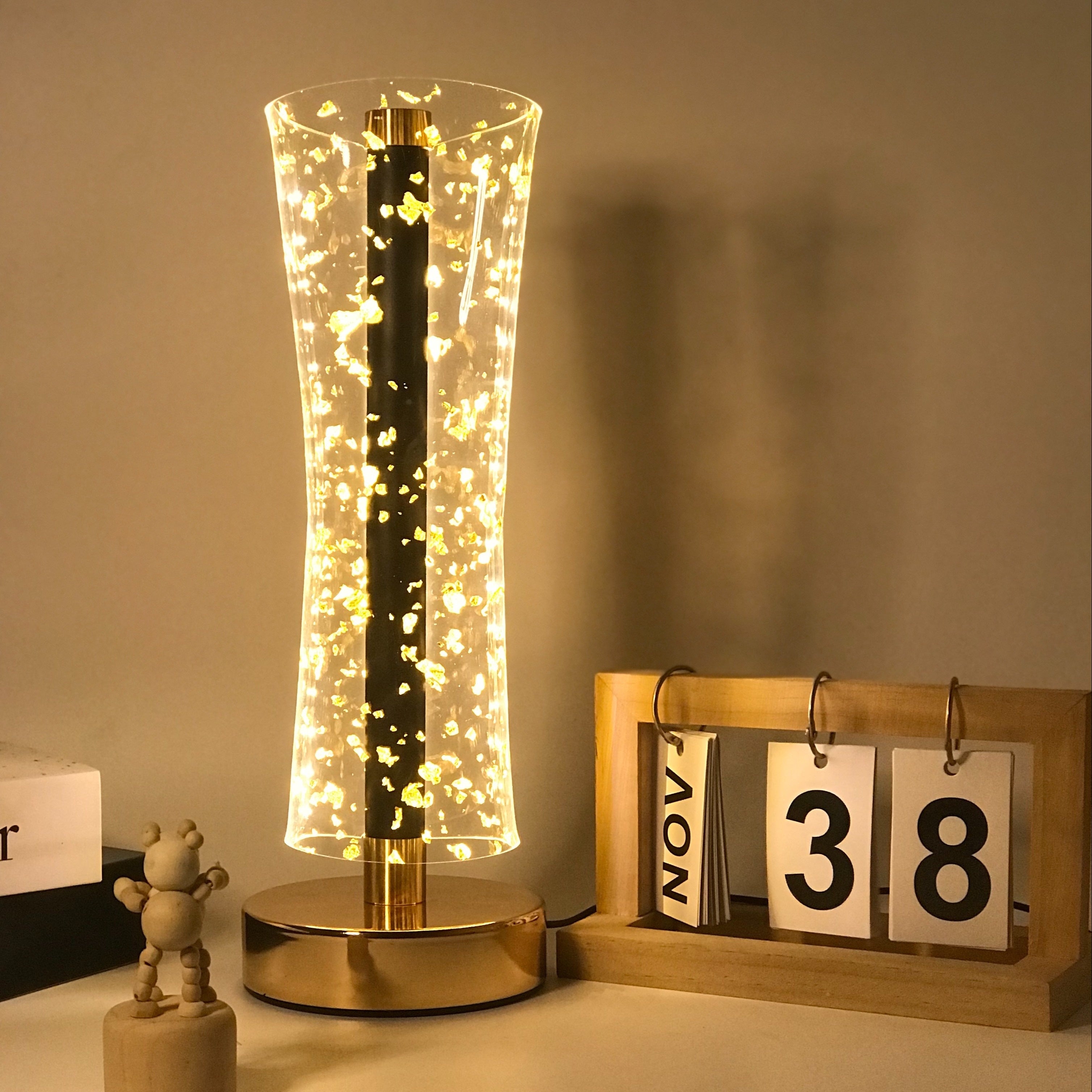 LumiAcryl - Moderne Acryl Tafellamp met Gouden Folie en 3-Kleuren Dimbare Verlichting, USB-Aangedreven