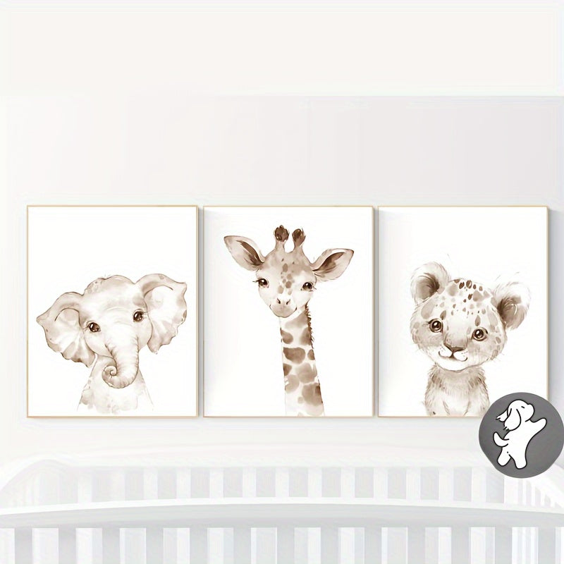 3-delige Canvas Dieren Wanddecoratie - Olifant, Giraf & Luipaard, Genderneutraal Babykamer Decor