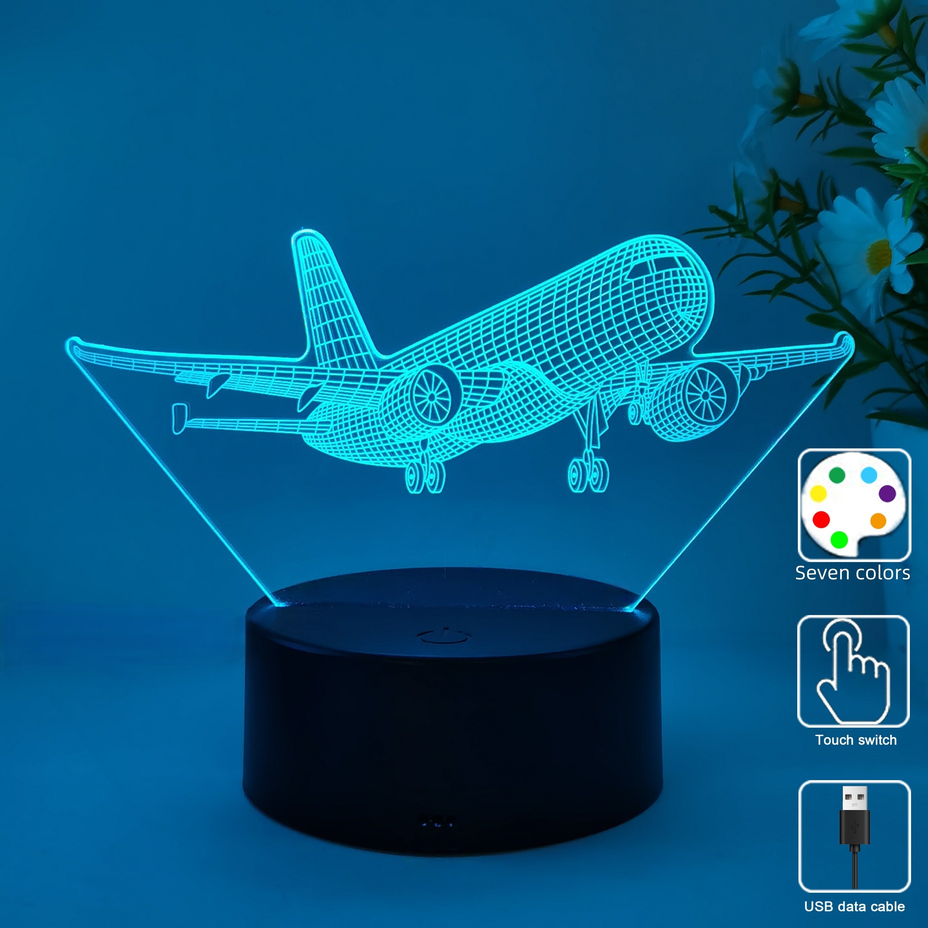 SkyGlow - 3D Vliegtuig Acryl Nachtlampje met USB, LED Tafellamp