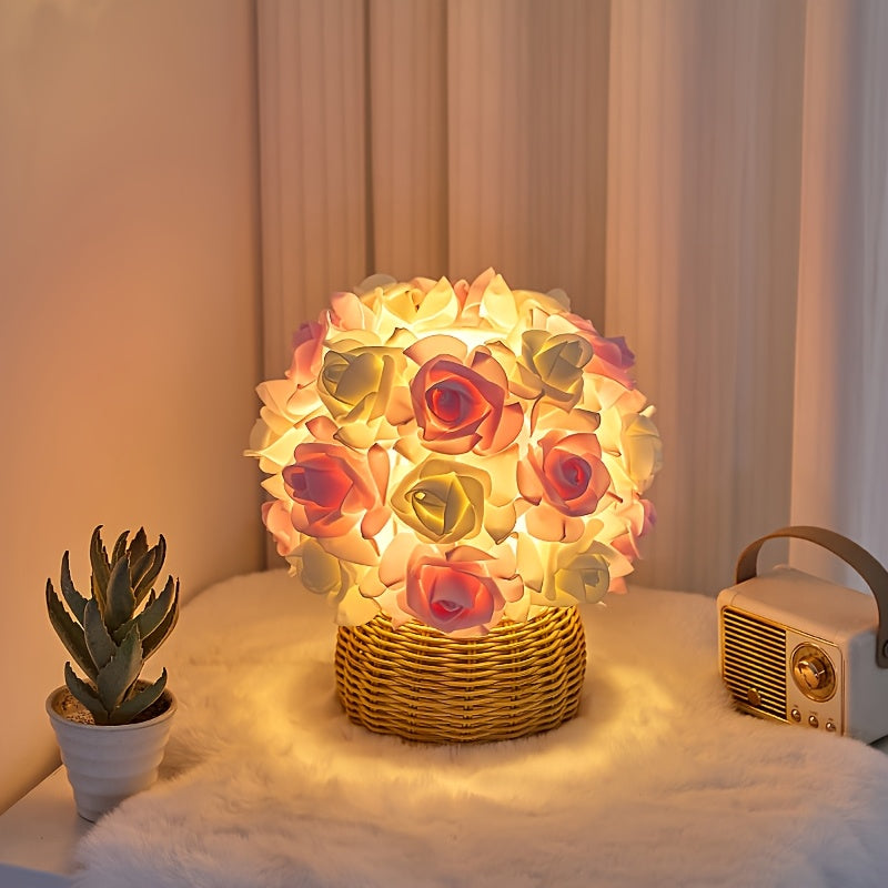 FloraGlow - Art Deco USB Roos Tafellamp met Gepolijste Basis en Gloeilamp