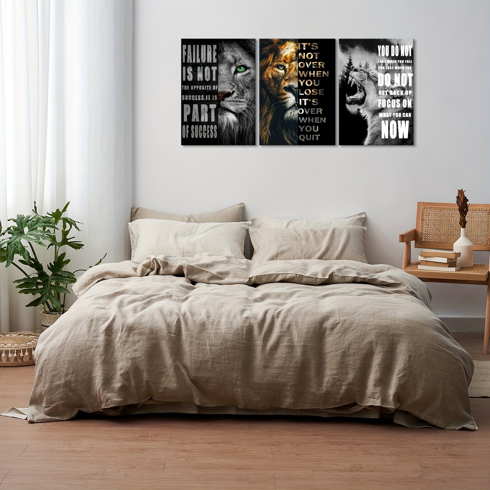 3-delige Houten Canvas Poster - Leeuwen Motivatie Citaten, Moderne Kunst voor Slaapkamer of Kantoor