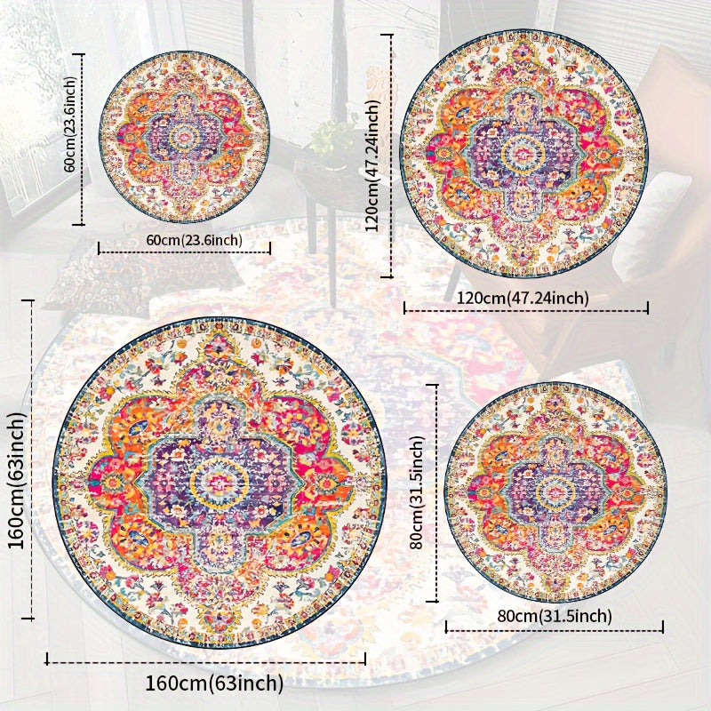 Rond Perzisch- geïnspireerd Vloerkleed van Polyester – Wasbaar, Antislip Tapijt voor Woonkamer, Slaapkamer, Balkon & Meer – Binnen/Buiten gebruik