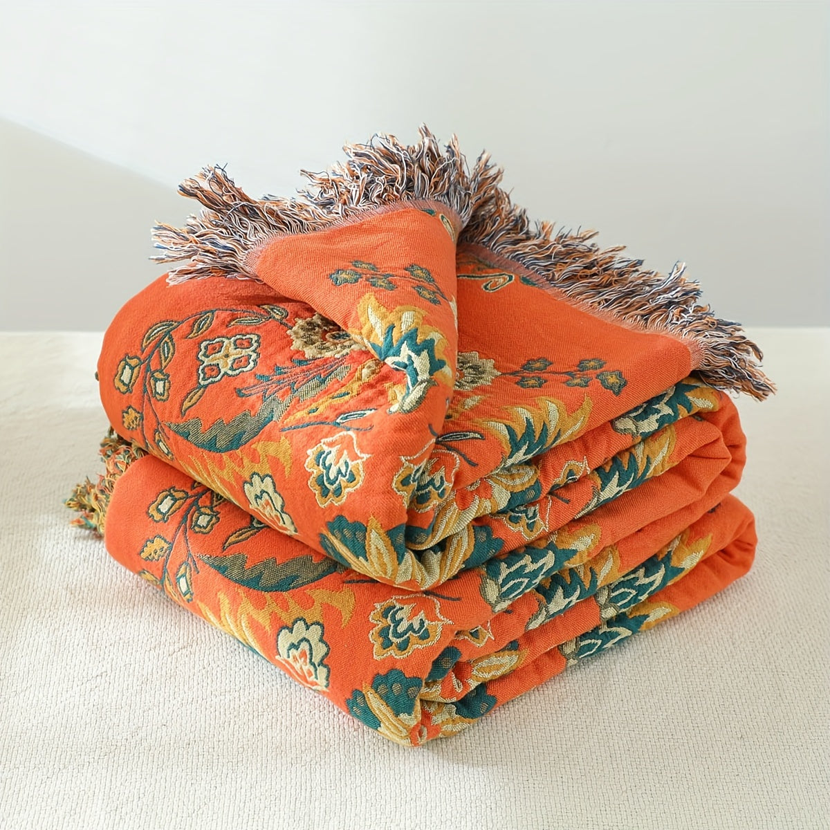 Floral Sofa Towel Deken met Kwastjes - Katoenen Vintage Bloemenpatroon, Voor Bank, Airconditioning en Dutjes