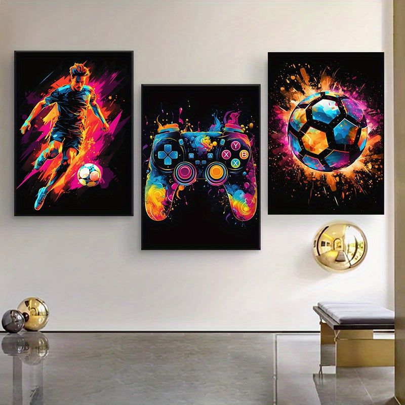 3-delige Canvas Poster Set - Modern Art, Abstract Voetbal Poster, Decoratieve Game Controller Kleurensplash, Wanddecoratie zonder Lijst