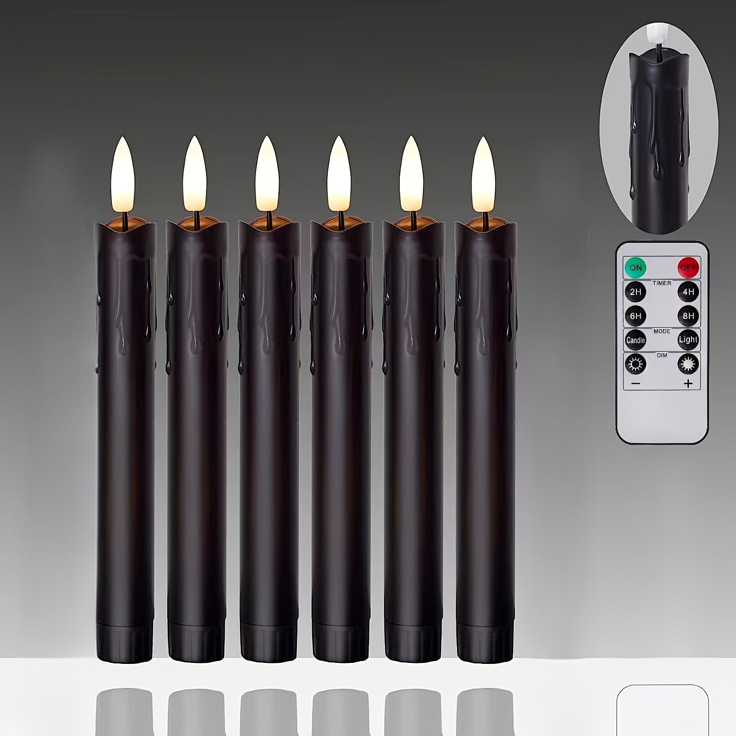 6pcs Flameless Flickering Kaarsen - LED Kaarsen met Afstandsbediening, Batterij Gevoed, Warm Licht, Zwarte Kandelaars