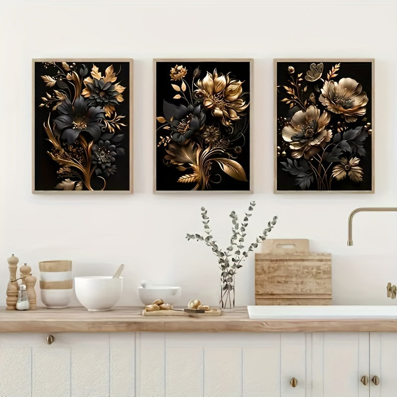 Gouden Bloemen Diamantschilderij Set - 3-delig, Ronde Diamant, Zonder Lijst