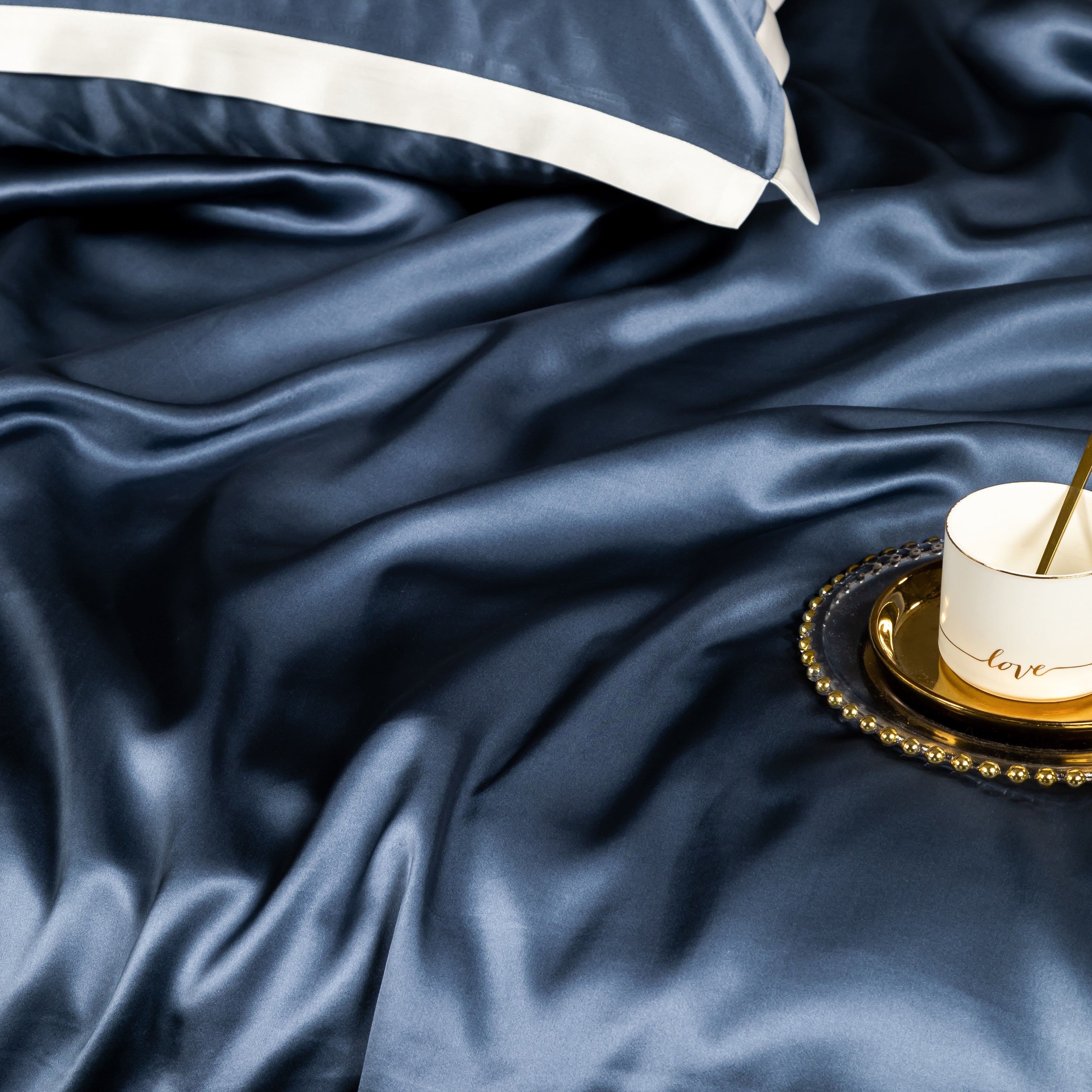 Premium Navy Blue Mulberry Silk Beddengoed Set