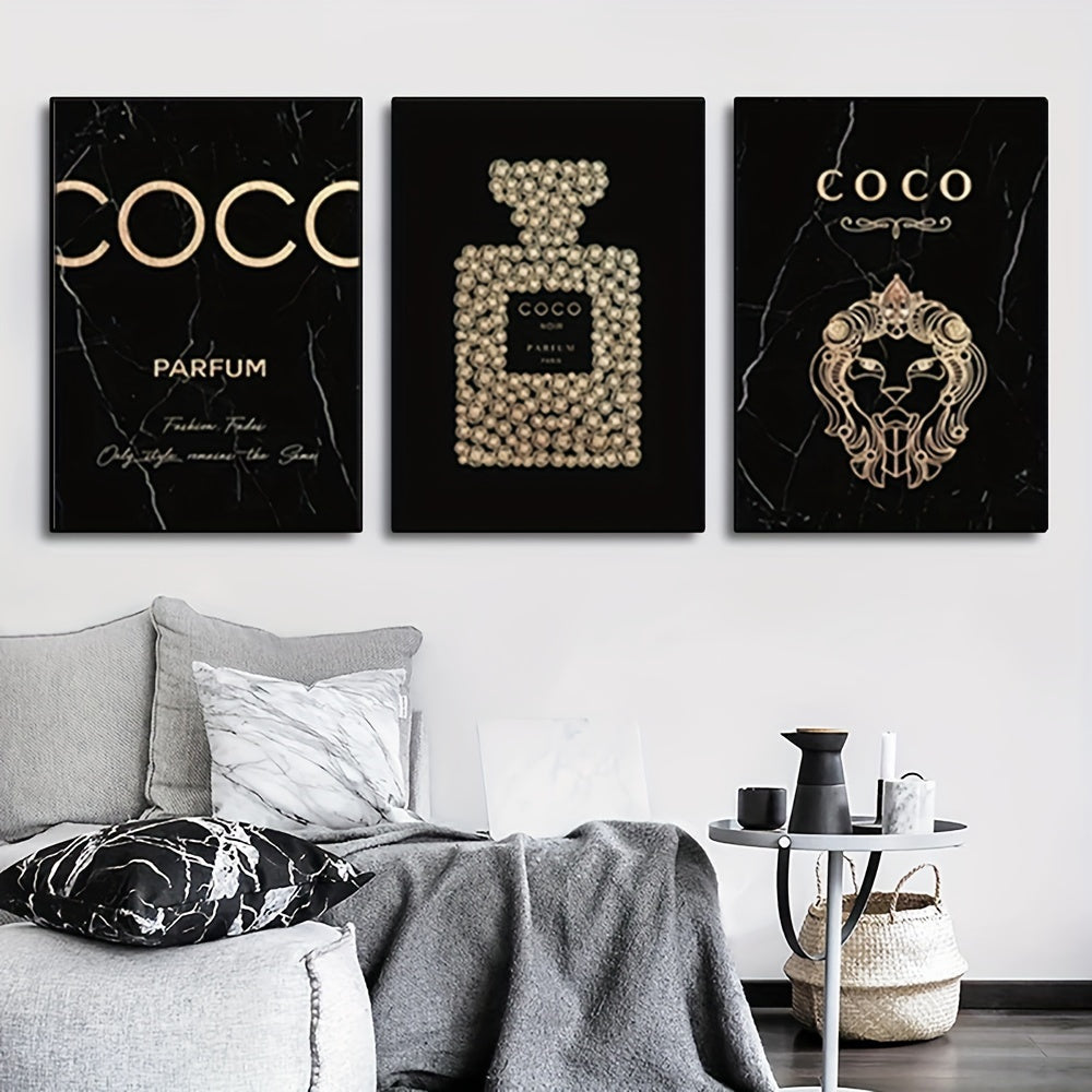 Luxury Perfume Bottle Canvas Art Set - 3-delige Set, Frameloos, Hoogwaardige Schilderijen voor Woonkamer & Slaapkamer Decor