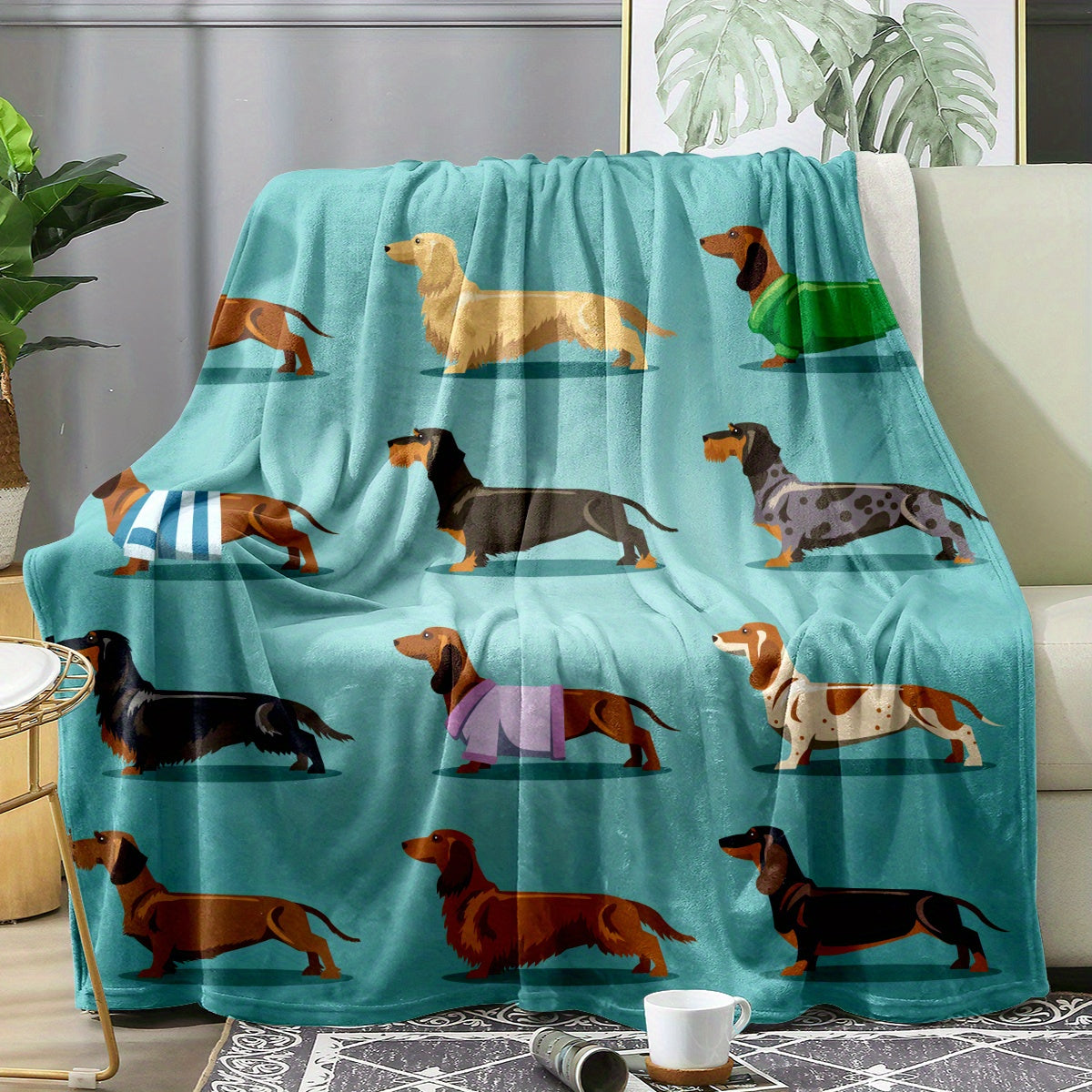 Teckel Fleece Deken - Zacht Flanel met Weiner Dog Print, Blauw