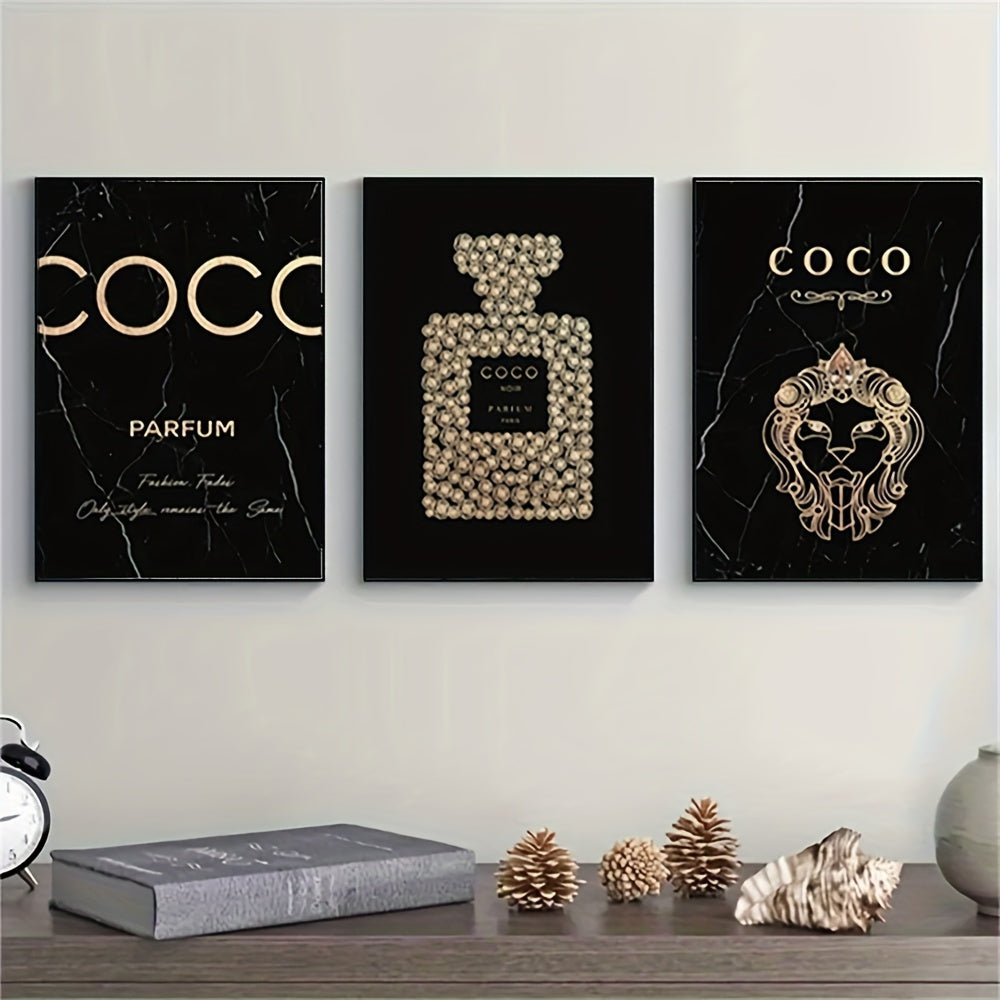 Luxury Perfume Bottle Canvas Art Set - 3-delige Set, Frameloos, Hoogwaardige Schilderijen voor Woonkamer & Slaapkamer Decor