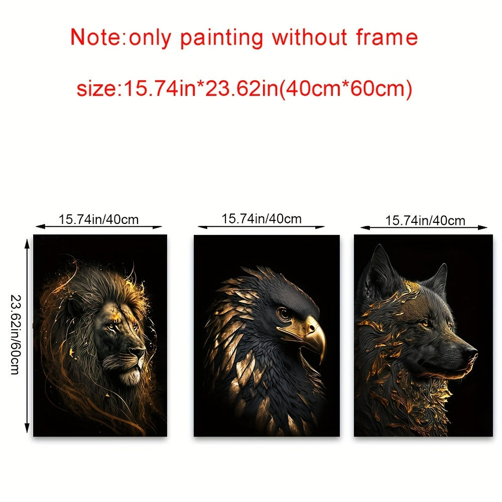 3pcs Unframed Canvas Poster - Moderne Kunst, Abstracte Schilderijen van de Gouden Leeuw en Arend, Ideaal Cadeau voor Slaapkamer, Woonkamer, Gang, Wanddecoratie, Winterdecoratie, Kamerversiering