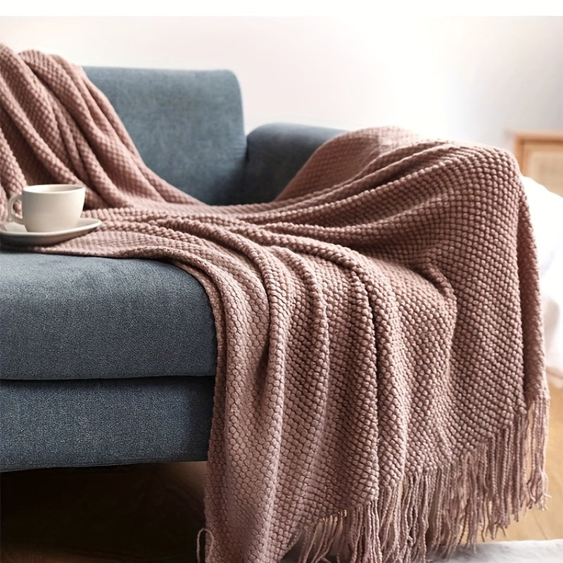 Knitted Throw Deken met Kwastjes - Lichtgewicht Bubbeltextuur Deken voor Bank, Bed en Huisdecoratie