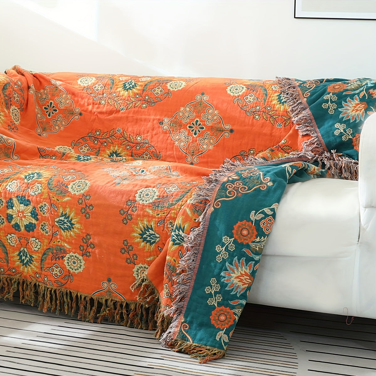 Floral Sofa Towel Deken met Kwastjes - Katoenen Vintage Bloemenpatroon, Voor Bank, Airconditioning en Dutjes