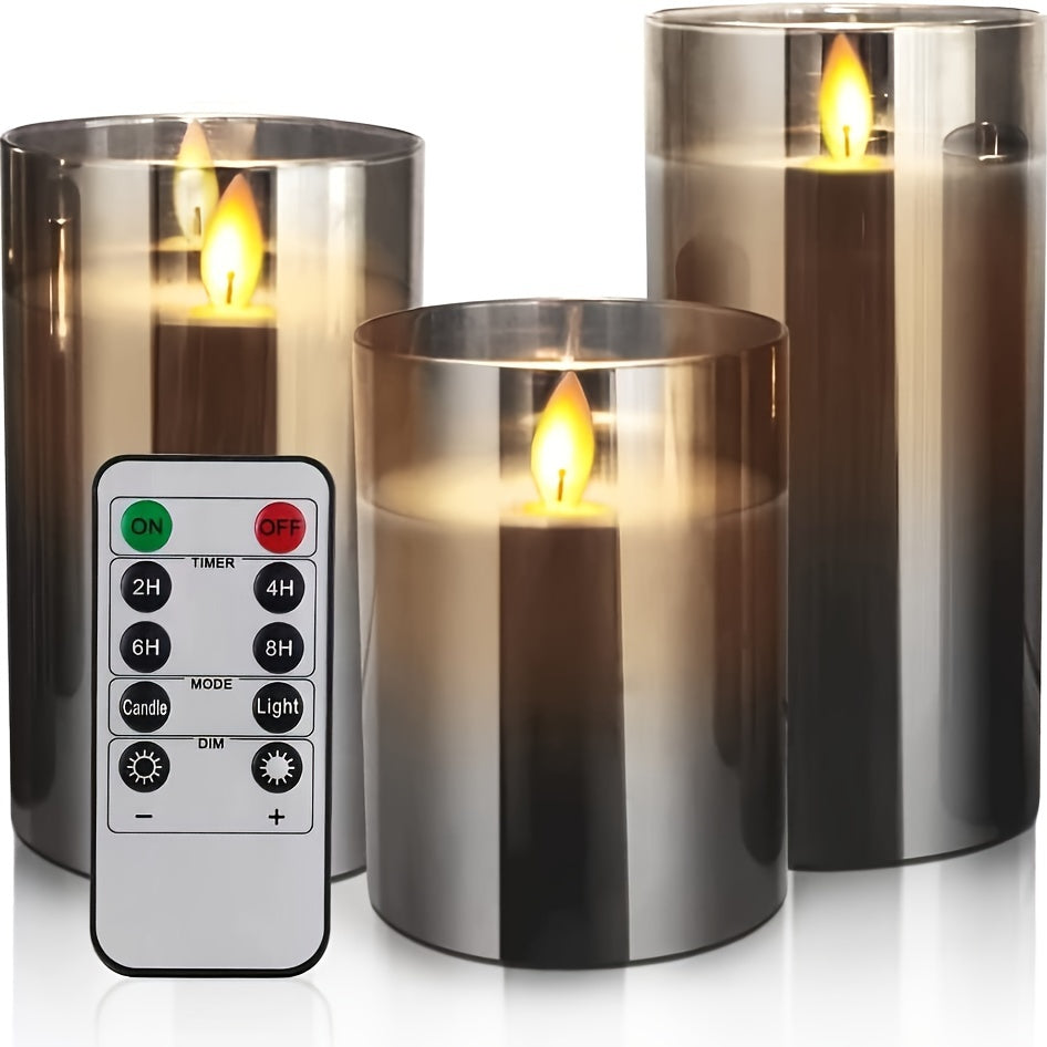 3pcs Led Fireless Candles, Battery Operated Flickering Candles Pillar Real Wax Moving Flame Electric Candles Set Gray Glass Effect With Remote Control Timer, 10.16 Cm, 12.7 Cm, 15.24 Cm, 3 Gray Packaging