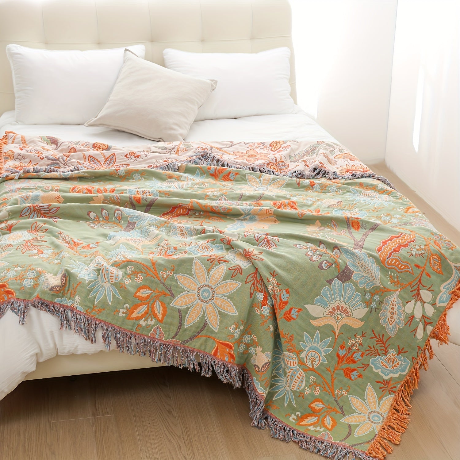 1pc Katoenen Geborduurde Kwastendeken Boheemse Stijl Bloemenpatroon Nap Cover Quilt Sofa Deken Laken