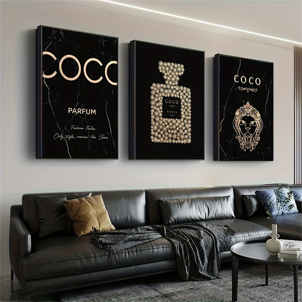 Luxury Perfume Bottle Canvas Art Set - 3-delige Set, Frameloos, Hoogwaardige Schilderijen voor Woonkamer & Slaapkamer Decor