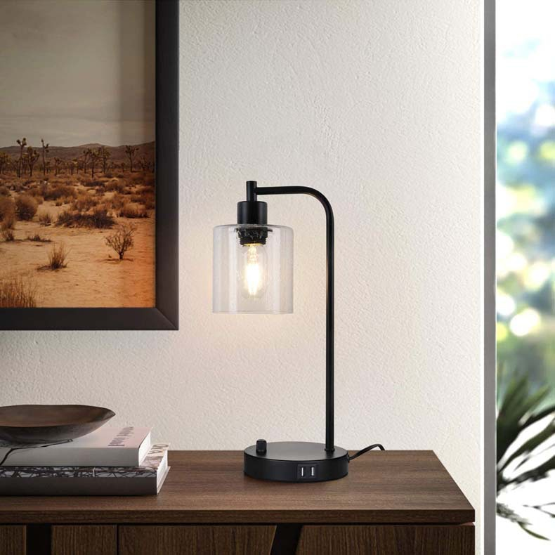 Industriële Bedlamp - 3-weg Dimbare Lampen met USB Nachtkastje Lamp en Glazen Kap