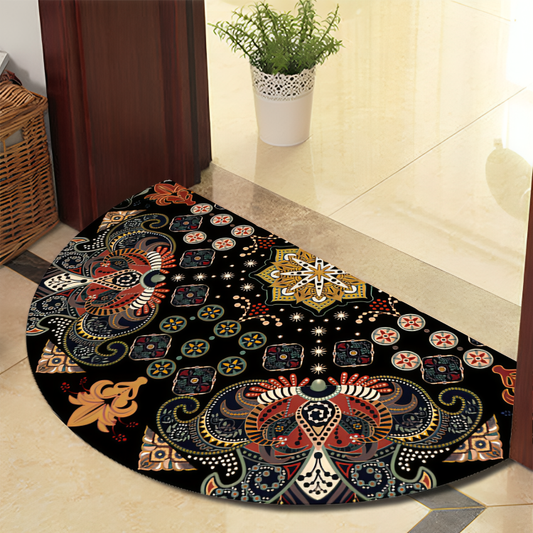 Mandala Bloeiend Ronde Tapijt met Zwarte Lijnen – Dikke, Antislip Polyester Mat voor Binnen/Buiten, Perfect voor Slaapkamer, Hal en Woondecoratie – Machinewasbaar