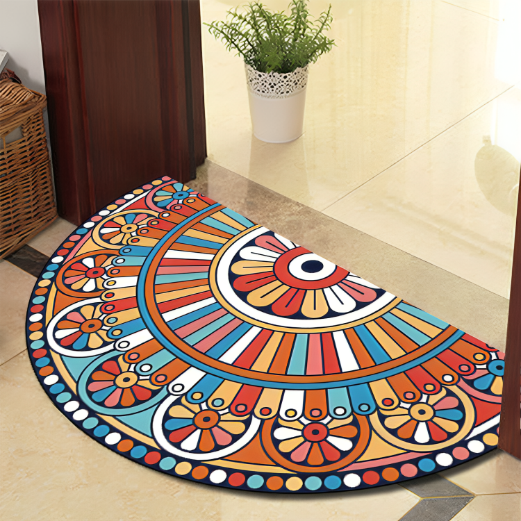 Mandala Bloeiend Ronde Tapijt met Zwarte Lijnen – Dikke, Antislip Polyester Mat voor Binnen/Buiten, Perfect voor Slaapkamer, Hal en Woondecoratie – Machinewasbaar