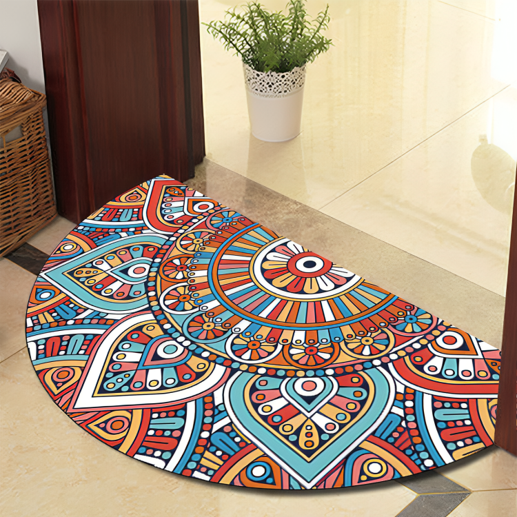 Mandala Bloeiend Ronde Tapijt met Zwarte Lijnen – Dikke, Antislip Polyester Mat voor Binnen/Buiten, Perfect voor Slaapkamer, Hal en Woondecoratie – Machinewasbaar